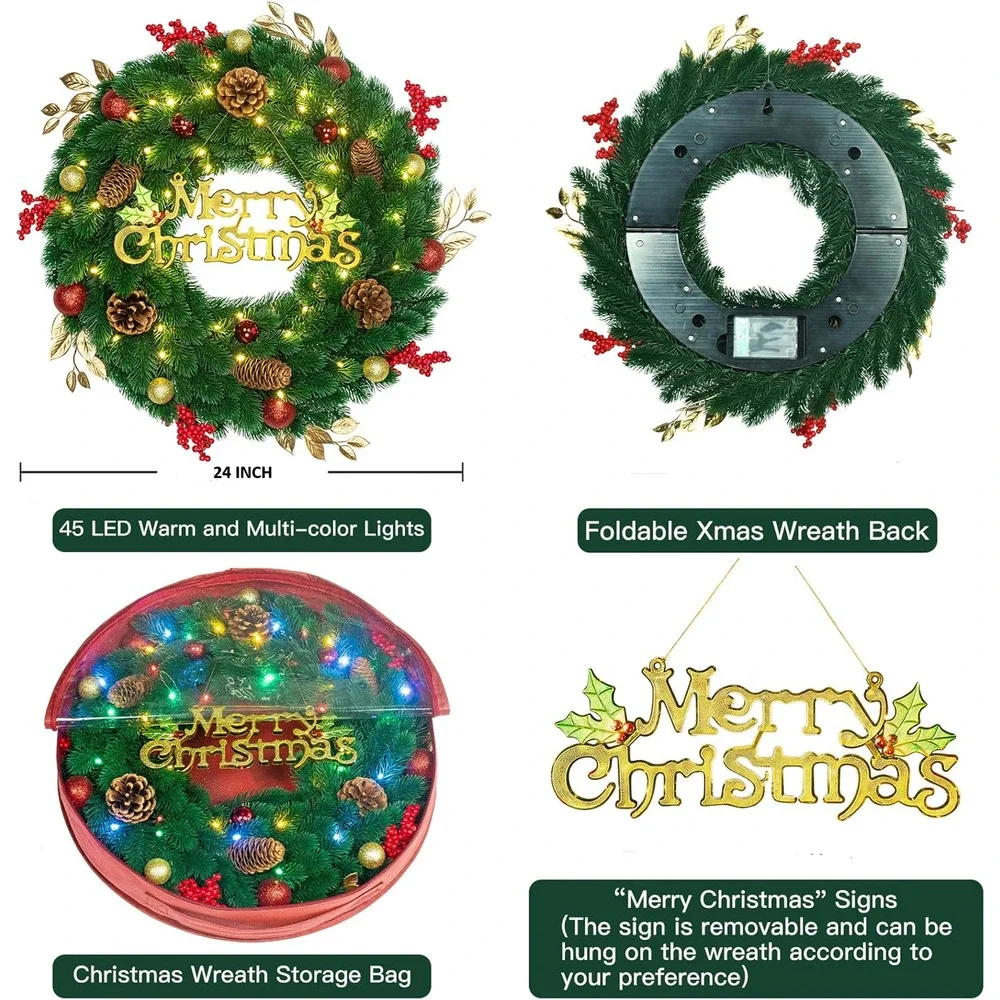 24 Inch Pre-Lit Artificial Christmas Wreath 45 LED‎ Lights Battery Remote Timer